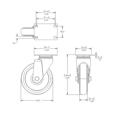 31-SPD5-5 MODULAR SOLUTIONS ALUMINUM CASTER<br>5" SWIVEL TOP PLATE W/ HARDWARE